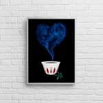 Ethiopian Coffee Cup Wall Art – Heart-Shaped Smoke Design in Modern Silver Frame
