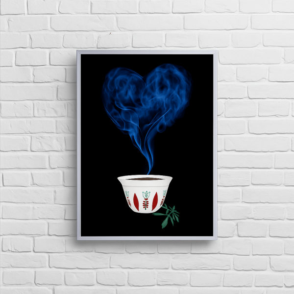 Ethiopian Coffee Cup Wall Art – Heart-Shaped Smoke Design in Modern Silver Frame