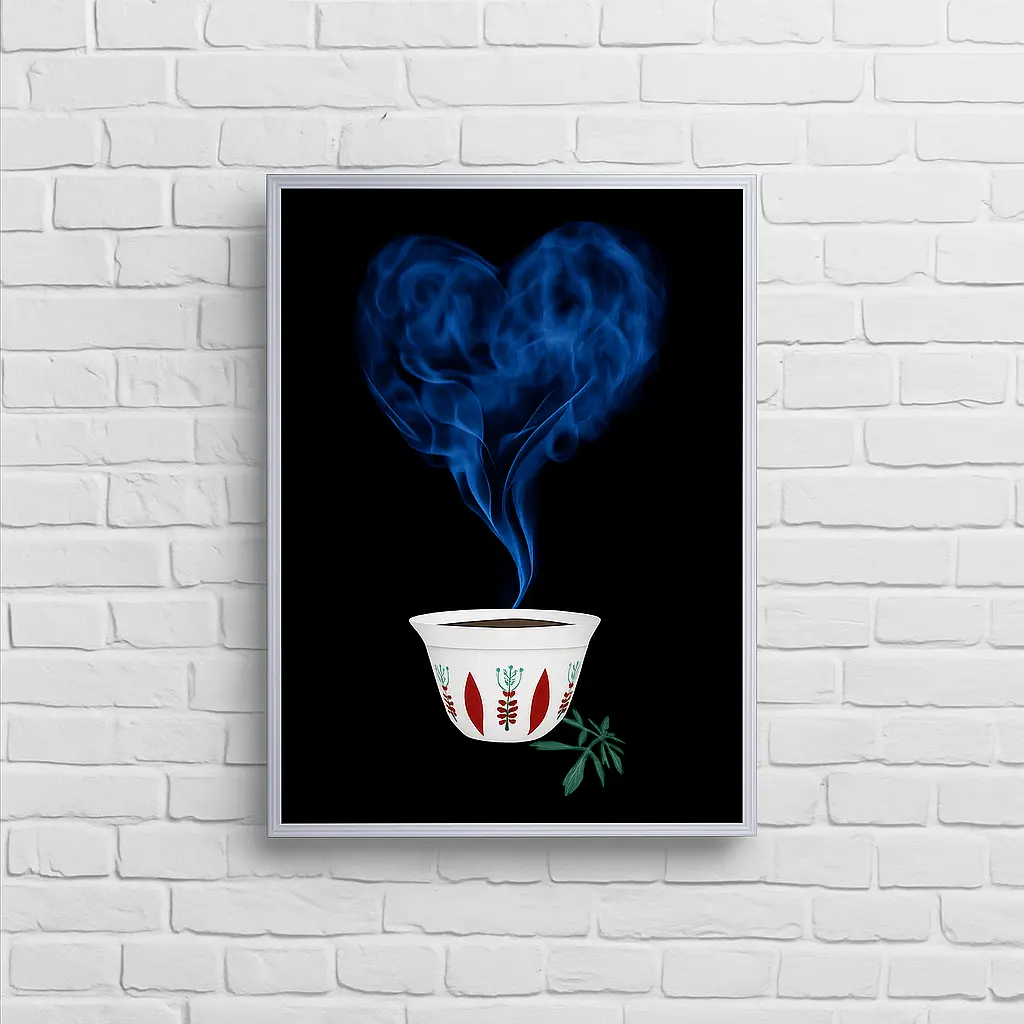 Ethiopian Coffee Cup Wall Art – Heart-Shaped Smoke Design in Modern Silver Frame