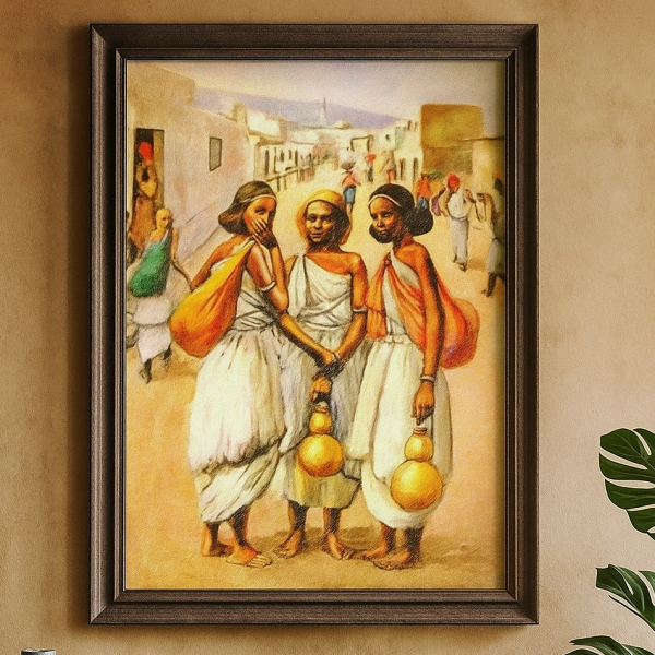 Framed African Heritage Wall Art – Traditional Ethiopian Women Street Scene Painting