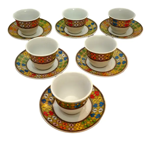 የቡና ሲኒ፡ Ethiopian Tibeb Pattern Coffee Cup Set - 12-Piece Traditional Ethiopian/Eritrean Coffee Set with 6 Cups (3oz) & 6 Saucers