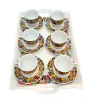 Ethiopian Queen of Sheba Coffee Set - 13-Piece Tray with 6 Cups (3oz), 6 Saucers & Durable 14’’ Ceramic Serving Tray