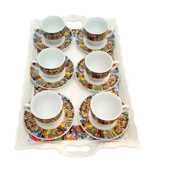Ethiopian Queen of Sheba Coffee Set - 13-Piece Tray with 6 Cups (3oz), 6 Saucers & Durable 14’’ Ceramic Serving Tray