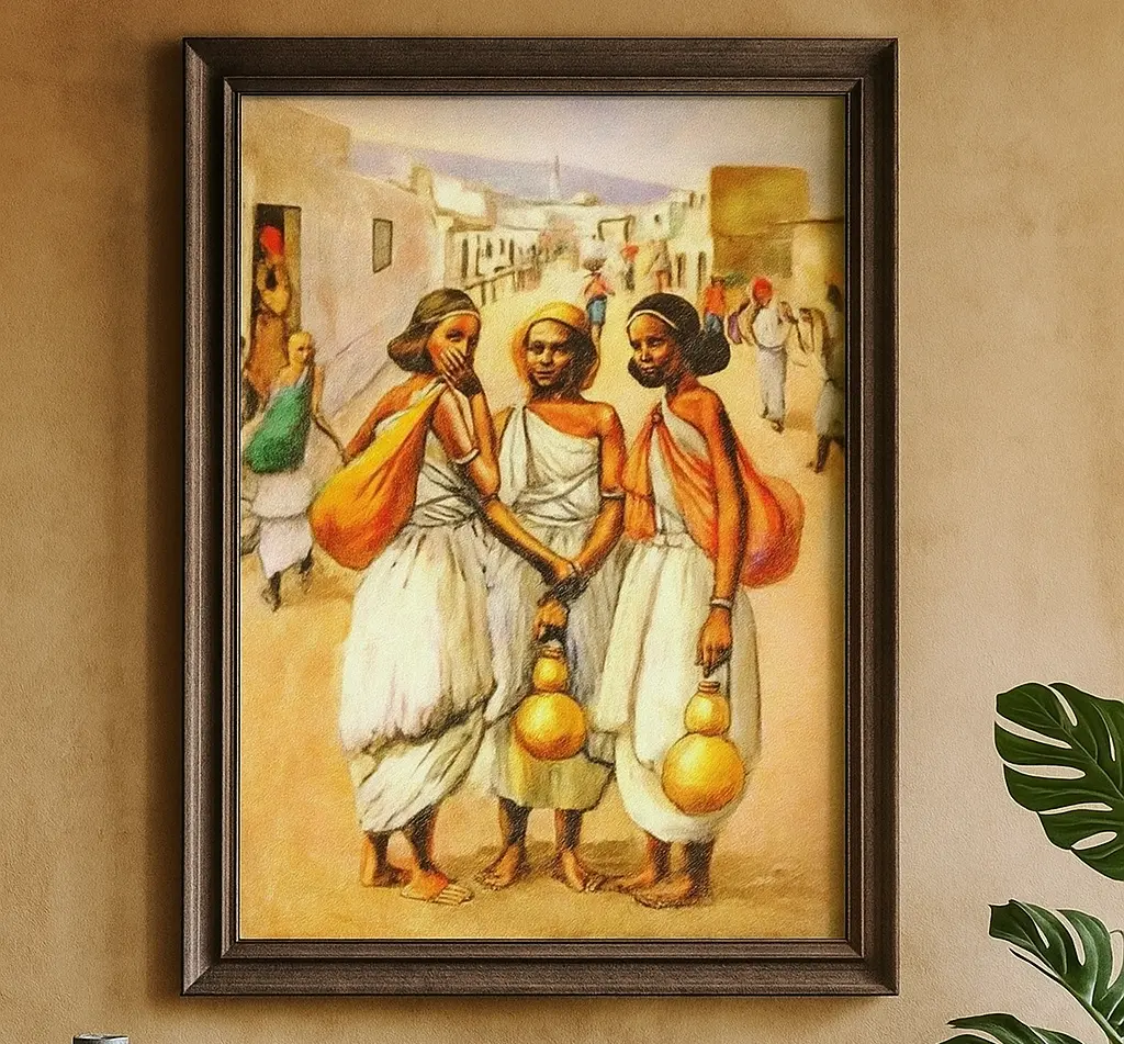 Framed African Heritage Wall Art – Traditional Ethiopian Women Street Scene Painting